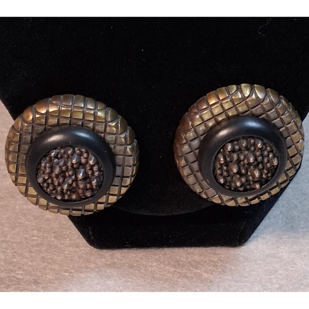 Vintage DIVA Signed Clip On Earrings Gold Tone Black Grid Textured 1980s Runway